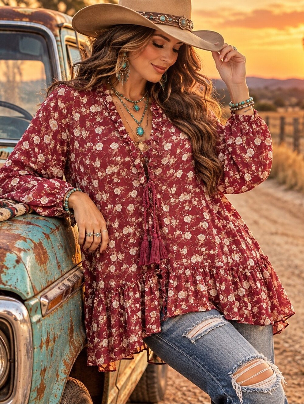JODIFL Burgundy Floral Boho Ruffle Tassel Blouse Top Large Western Prairie
